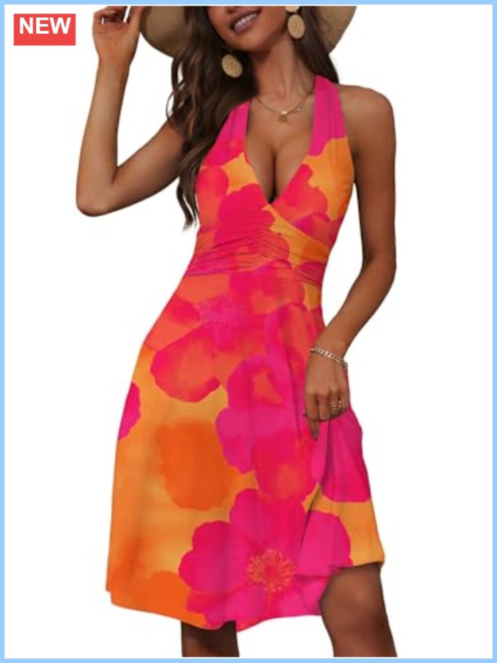 Women's Halter Neck Sleeveless Sundress Mini Dress with Pocket Ruffle Backless